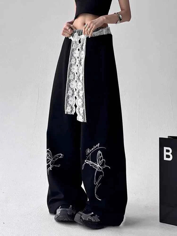 Y2K Vintage Butterfly Cool Lace Patchwork Sweatpants
