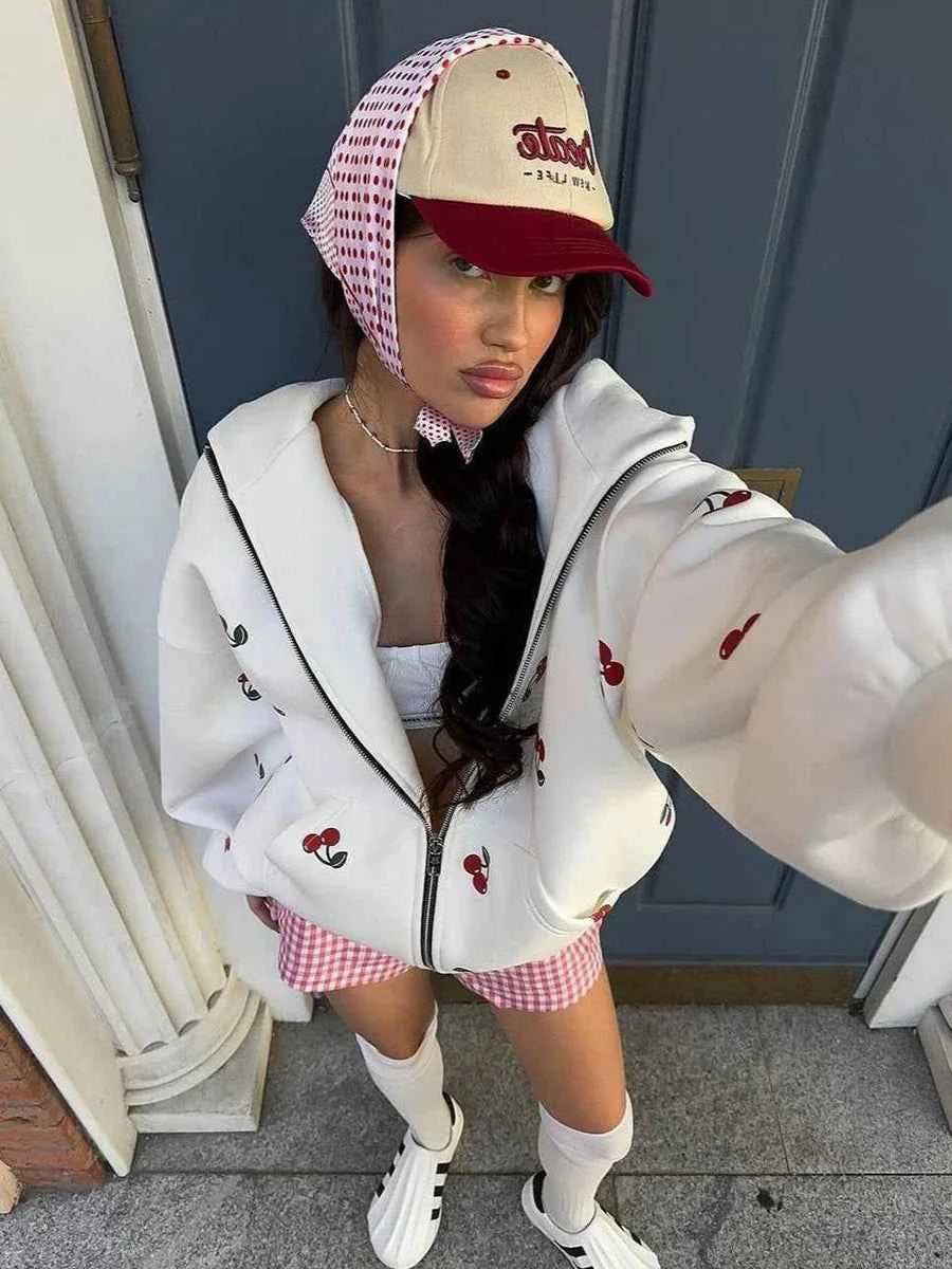Cherry Print Oversized Zip-Up Hoodie Sweatshirt