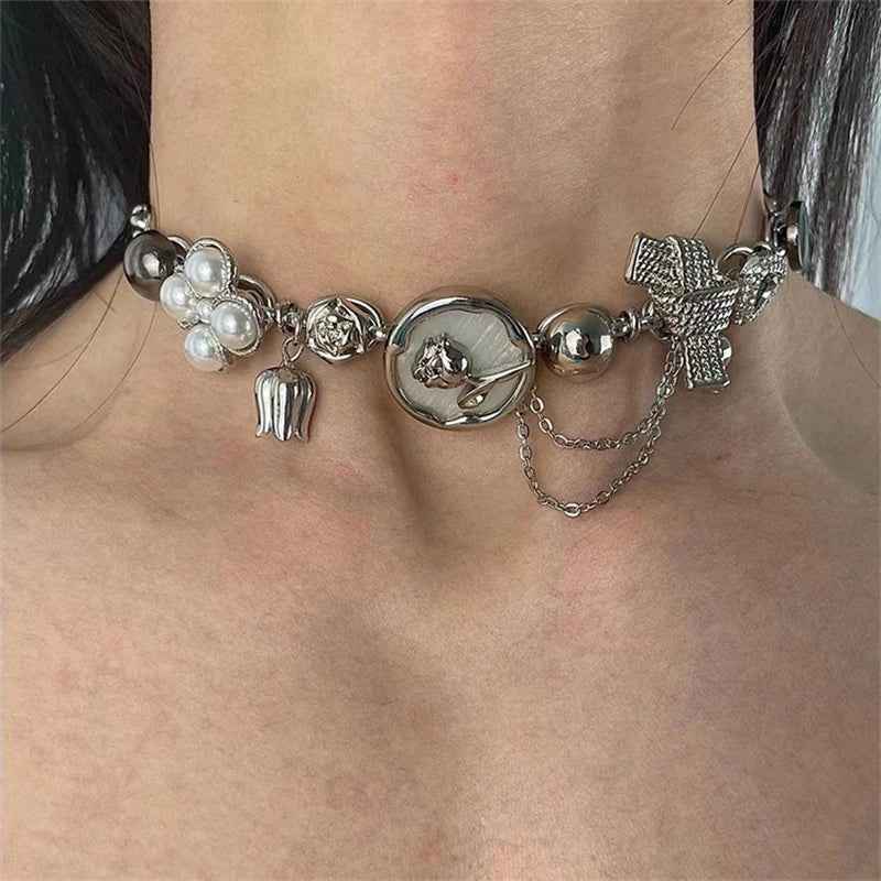 Zircon Flower Bowknot Choker Necklace