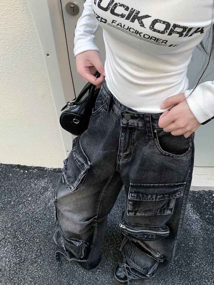 Black Washed Streetware Baggy Cargo Jeans