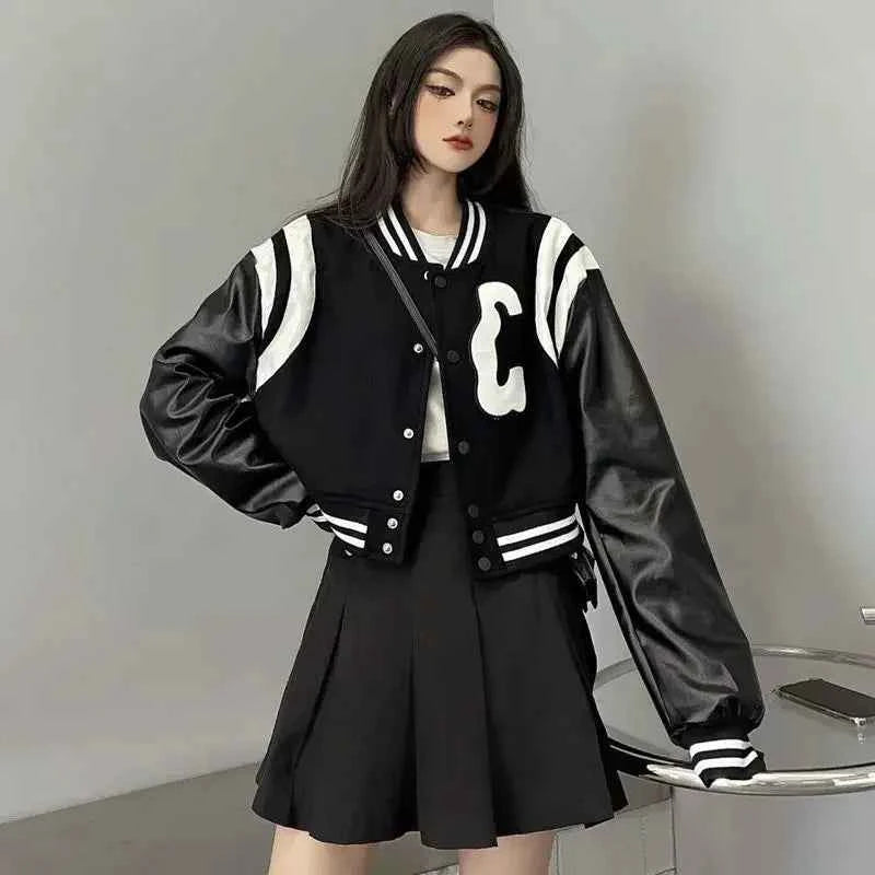 Punk Style Black White Leather Varsity Jacket
