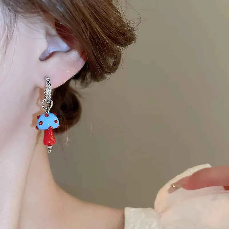 Vibrant Colorful Mushroom Resin Hoop Earrings