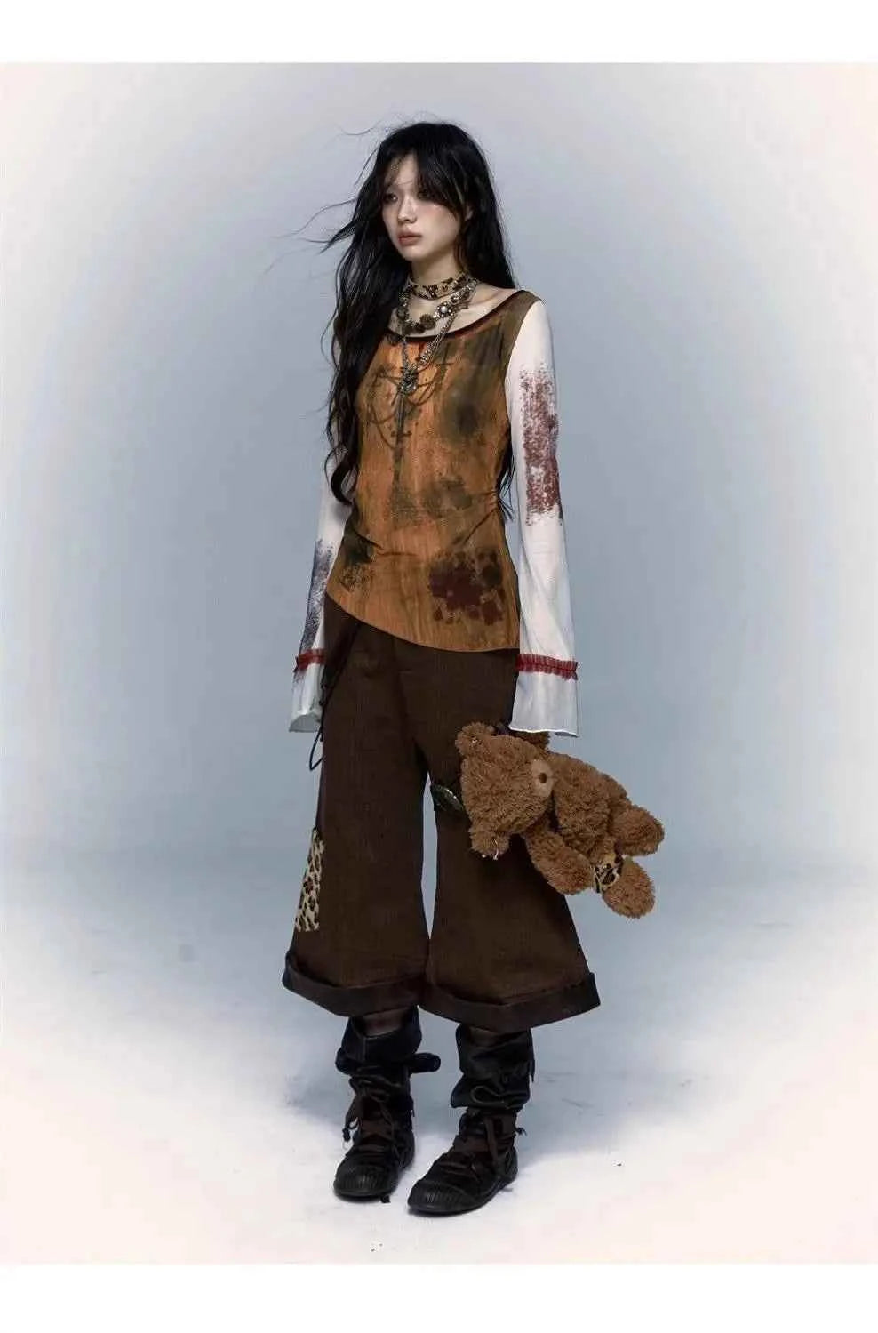 Gothic Patchwork Mesh Long Sleeve T-Shirt