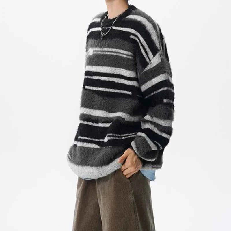 Streetwear Cozy fuzzy Striped Knit Sweater