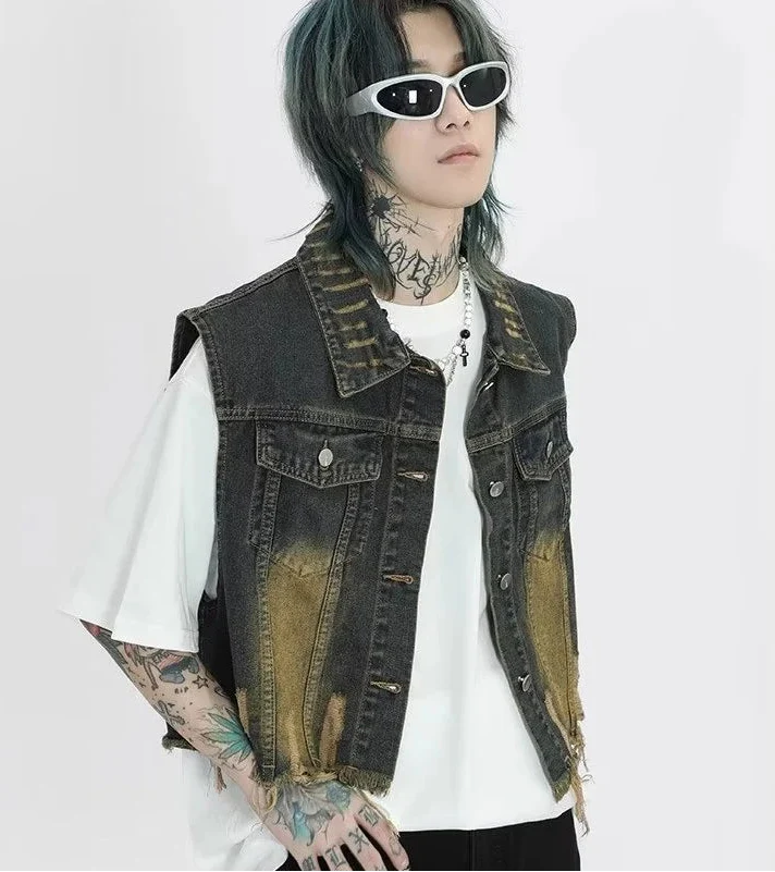 Cowboy Style Distressed Denim Vest - Luxuryurbanwear