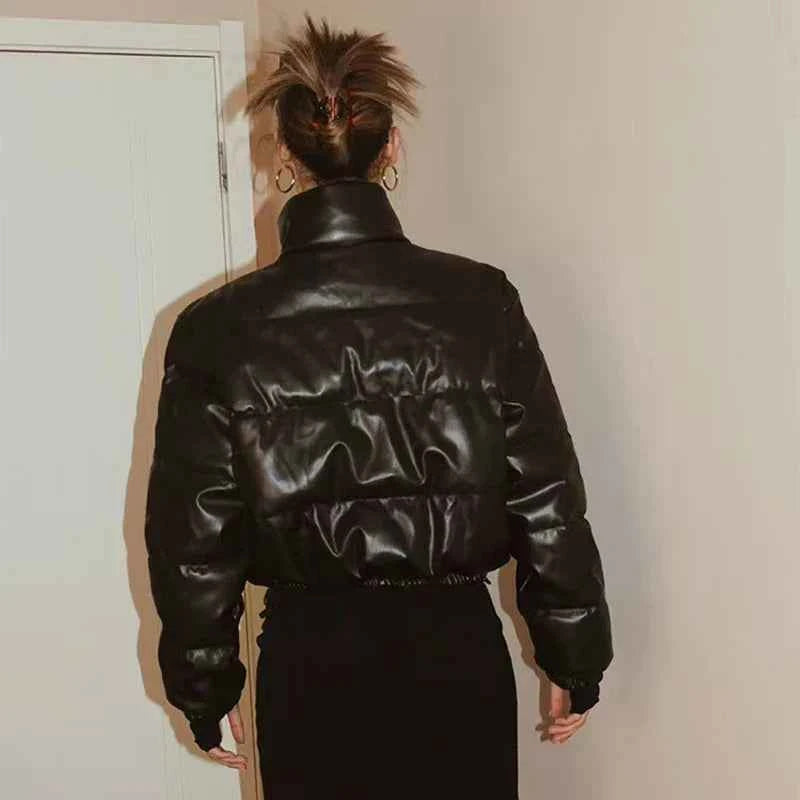 Women Stylish Black PU Winter Leather Jacket