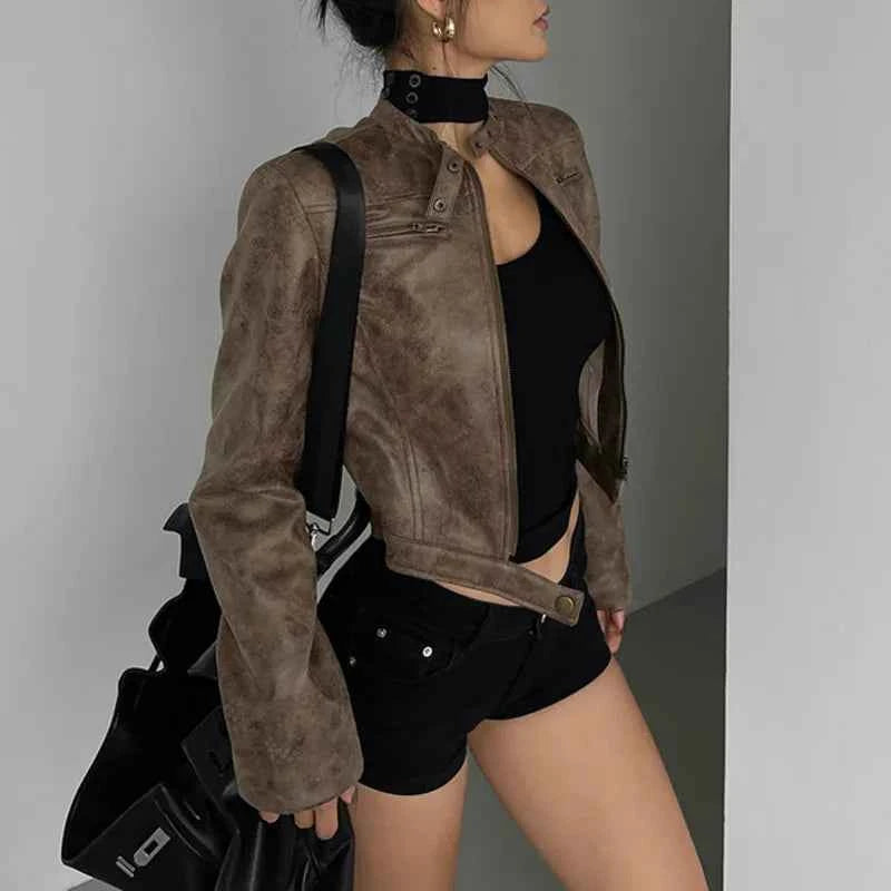 Women Retro Slim Stand Collar Leather Jacket