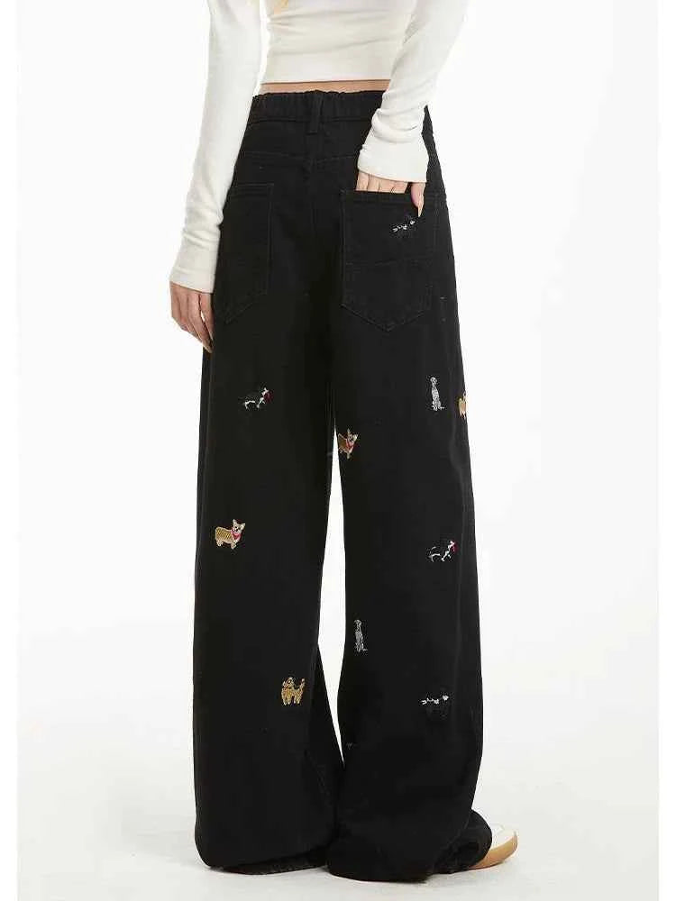 Cool Vintage American Puppy Embroidered Wide Jeans
