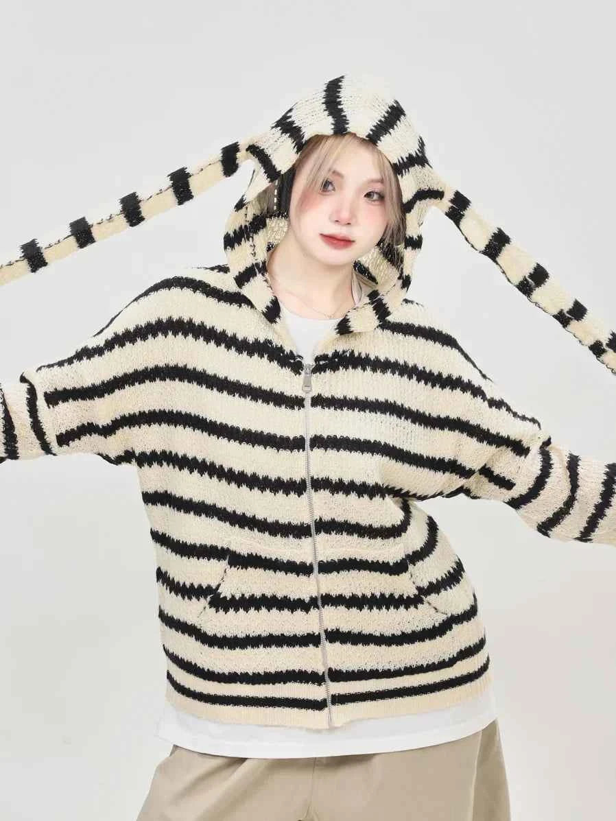 Striped Print Long Sleeve Hooded T-Shirt