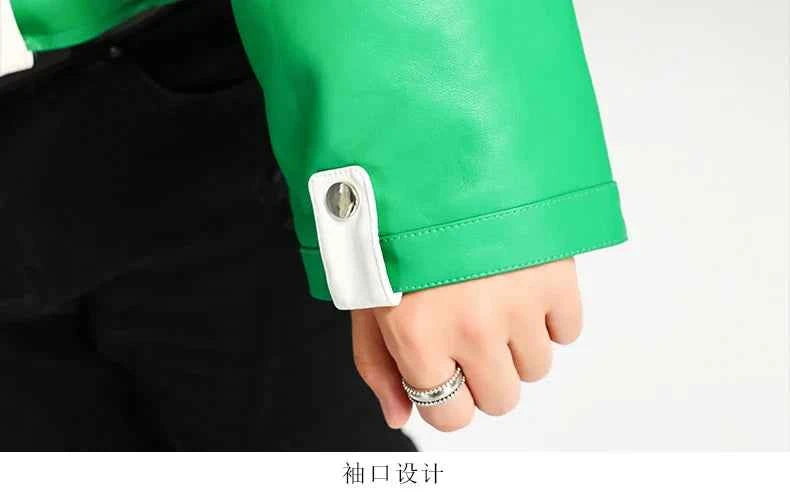 Cool Green Block Pu Leather Jacket