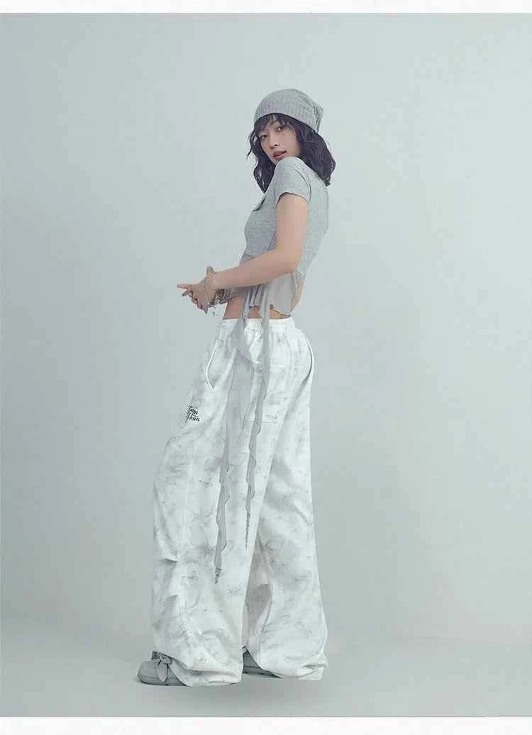 White Printed Knitted Paratrooper Pants