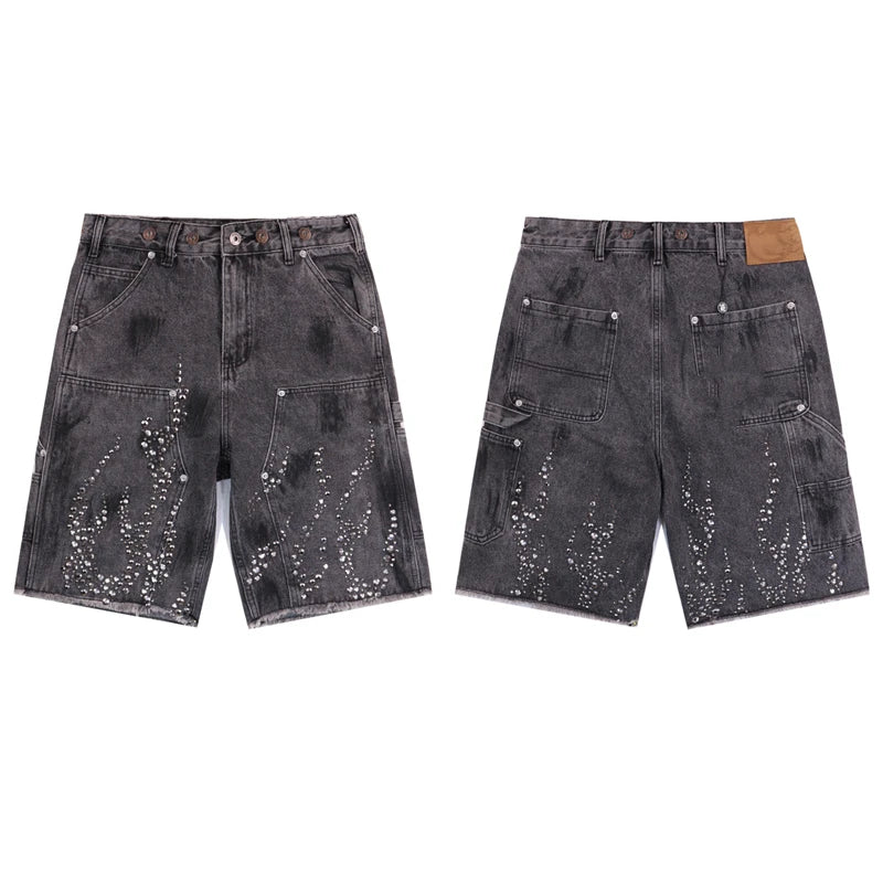 Fire Diamond Denim Rhinestone Graphic Short