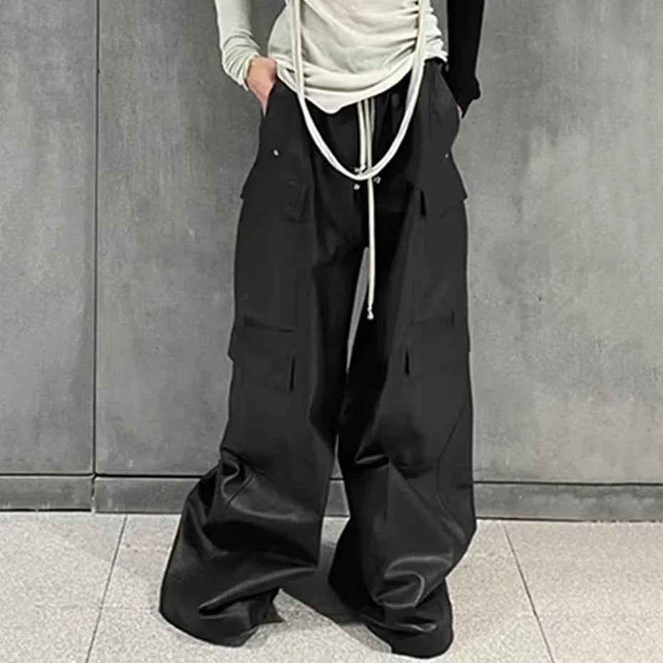 Streetwear Luxury Designer Black Cargo Leather Pants