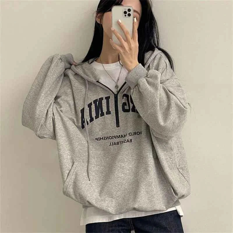 Cozy Zip-Up Letter Print Half Zipper Hoodie