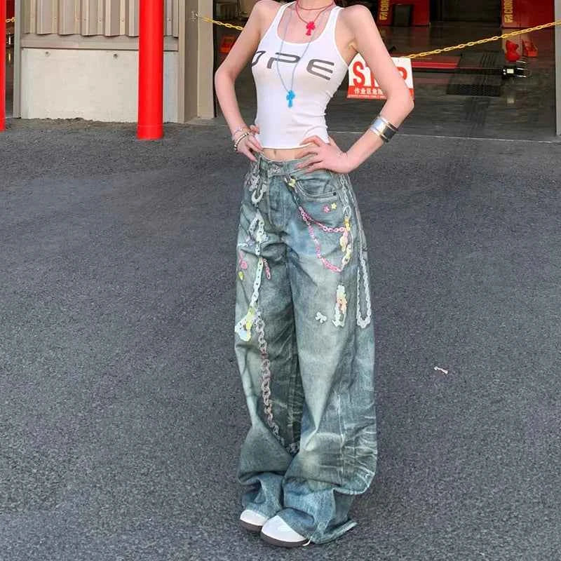 Chic Retro High Waisted Chain Print Jeans