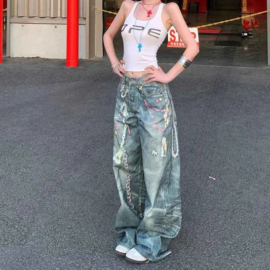 Chic Retro High Waisted Chain Print Jeans