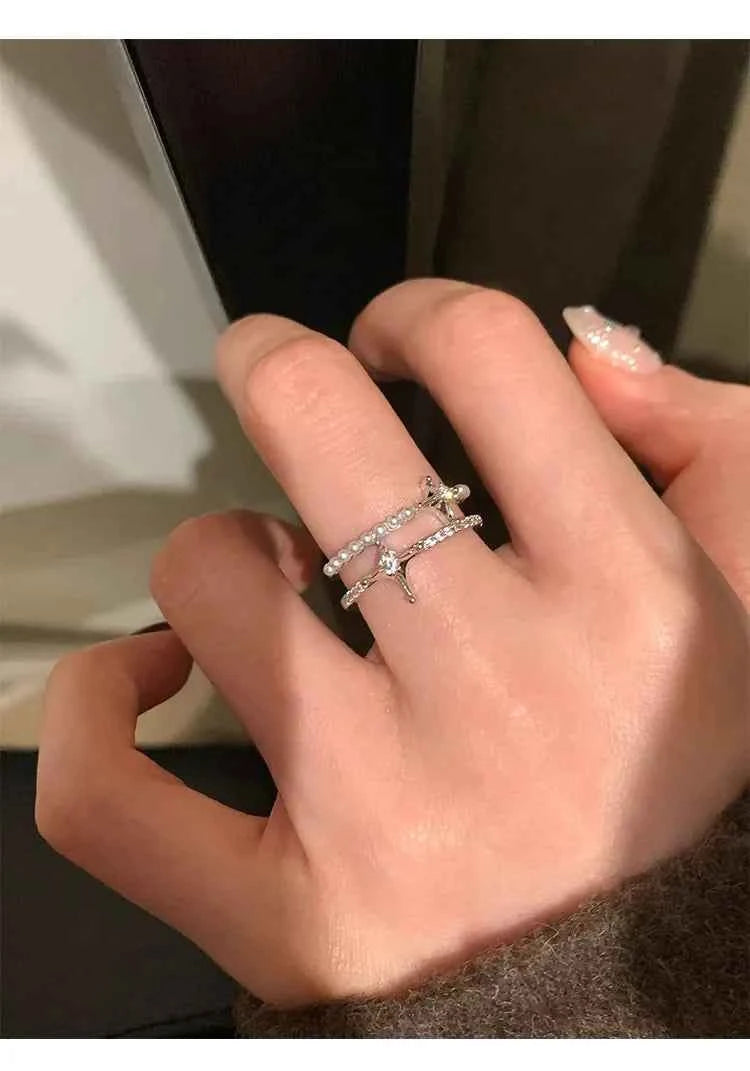 Romantic Pearl  Double Layer Star Ring
