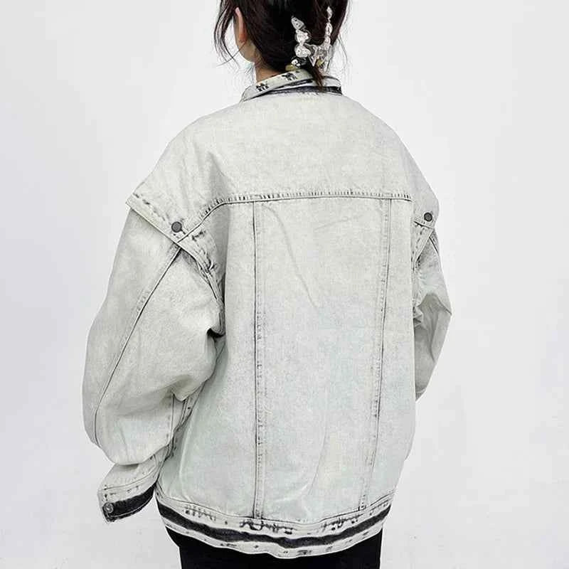 Washed Gray Oversize Letter Work Denim Jacket