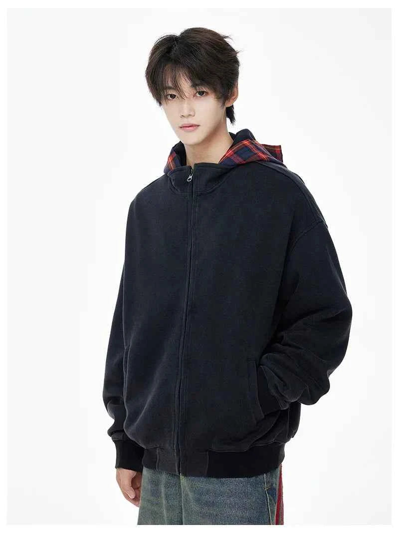 Vintage Streetwear Plaid Zipper Cool Hooded Sweatshirt