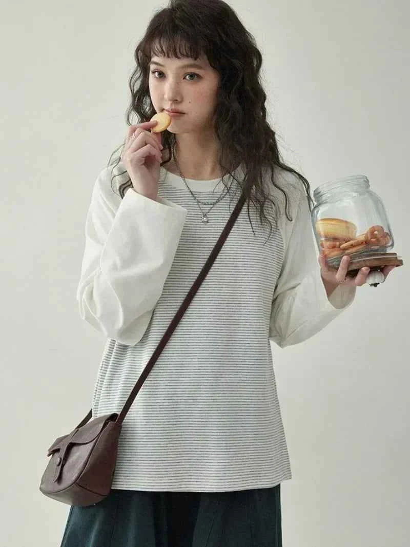 Y2K Japanese Style Patchwork Striped Loose Sweatshirt