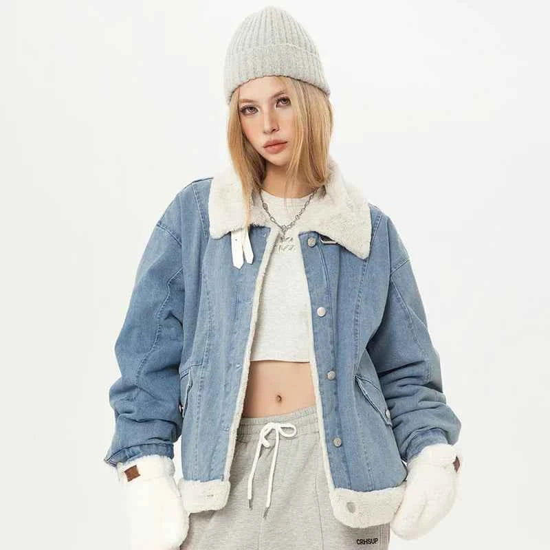 Sweet Blue Plush Lady Short Denim Jacket