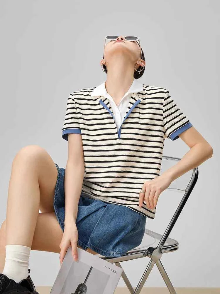Cozy Striped Polo V-Neck Knit T-Shirt