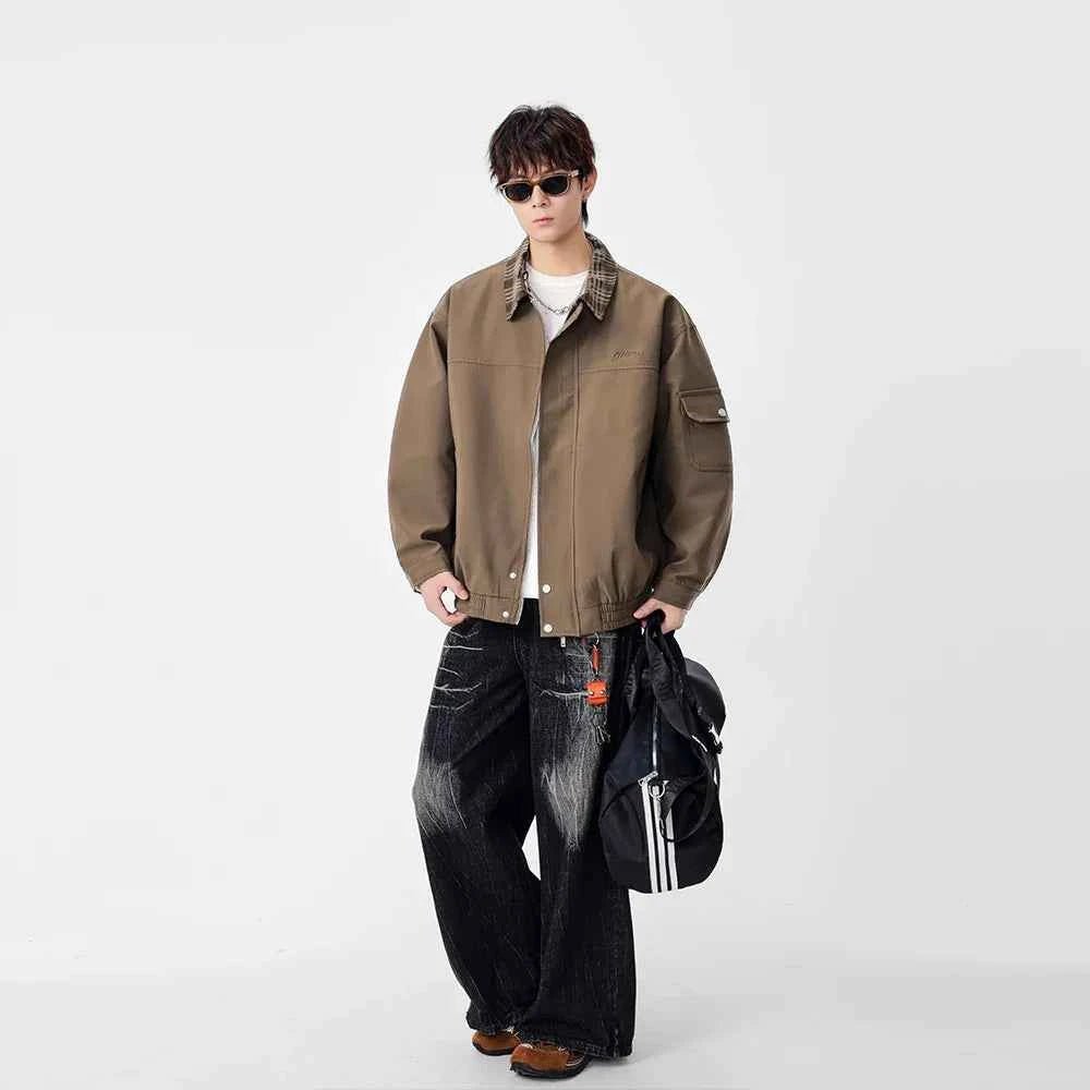Warm Contrast Plaid Collar Button Up Leather Jacket