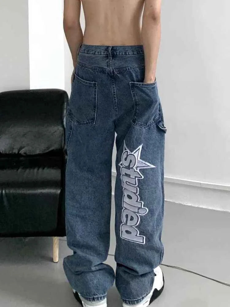 Retro Hip Hop Letter Print Denim Straight Leg Jeans