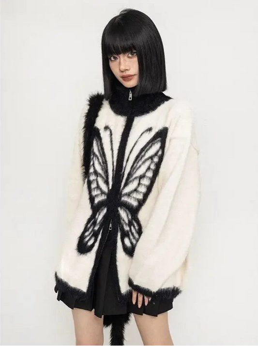 Vintage Butterfly Stand Up Collar Cardigan - Luxuryurbanwear
