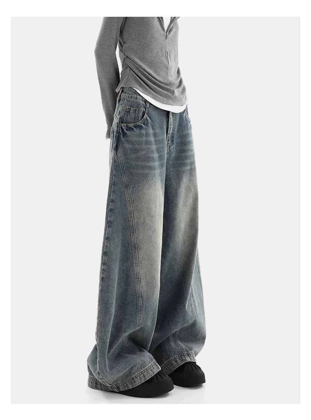 Streetwear Retro Washed Distressed Wide Leg Jeans