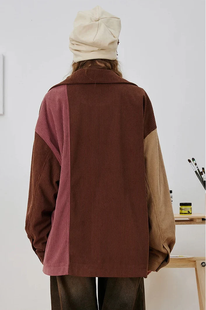 Streetwear Striped Colorblock Corduroy Baseball Jacket - Luxuryurbanwear
