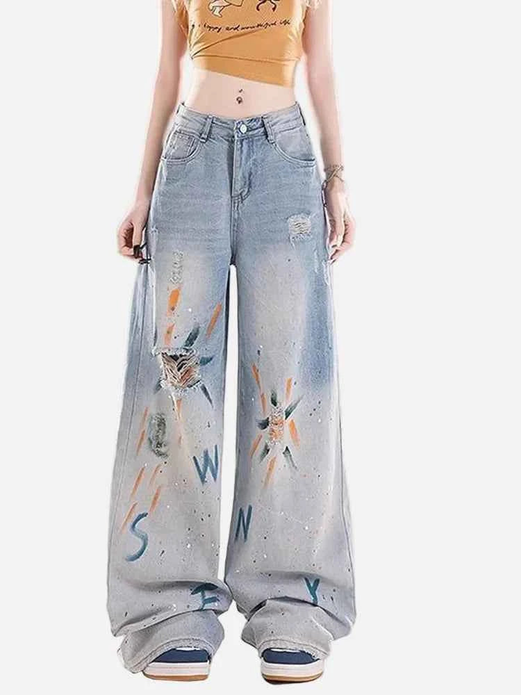 Streetwear Ripped High Waist Painted Wide Leg Jeans
