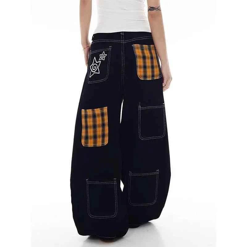 Black Durable Multi Pocket Denim Wide Leg Jeans