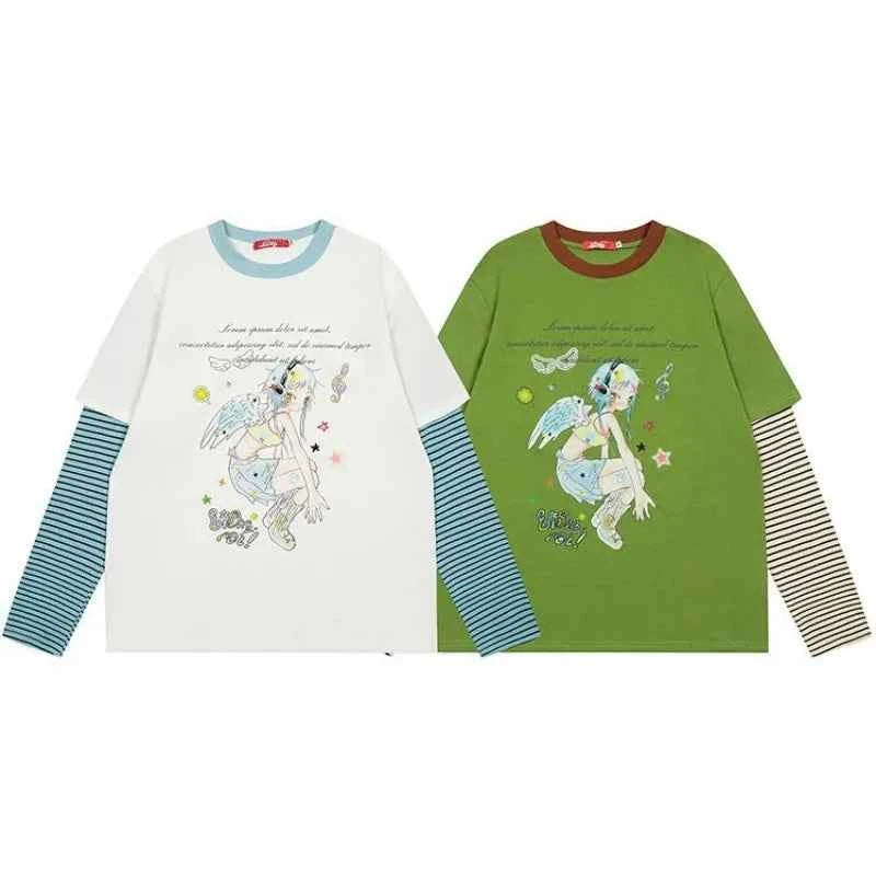 Sweet Autumn Fake Two Piece Cartoon Printed T-Shirt