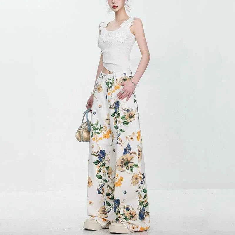 Vintage American Style Summer Flower Jeans