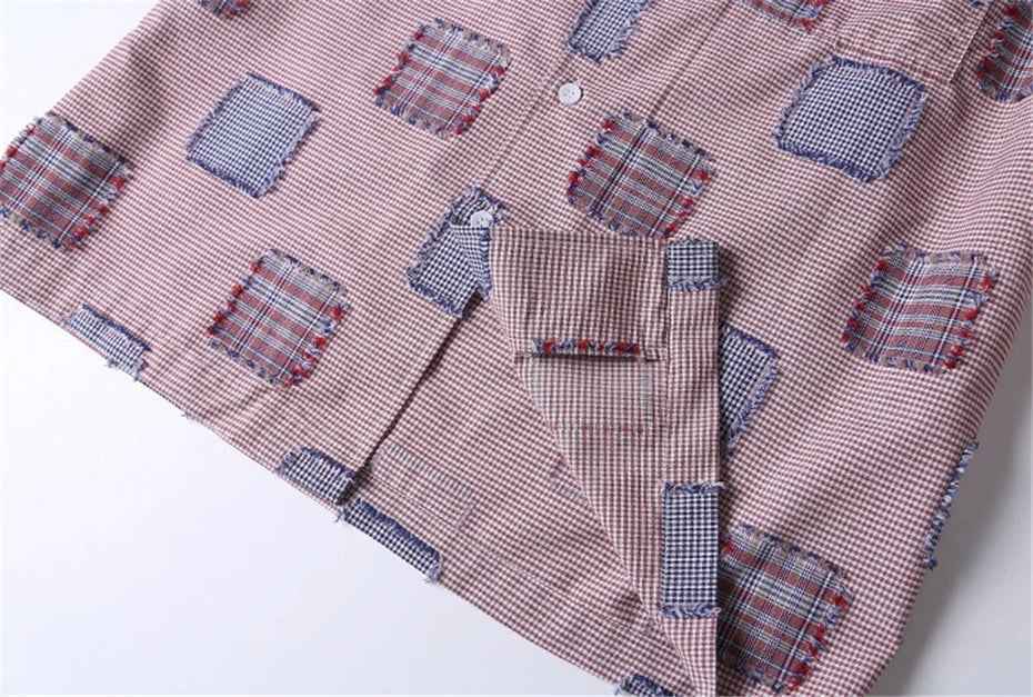 Sweet Oversized Effortless Plaid Patch Cotton Shirt