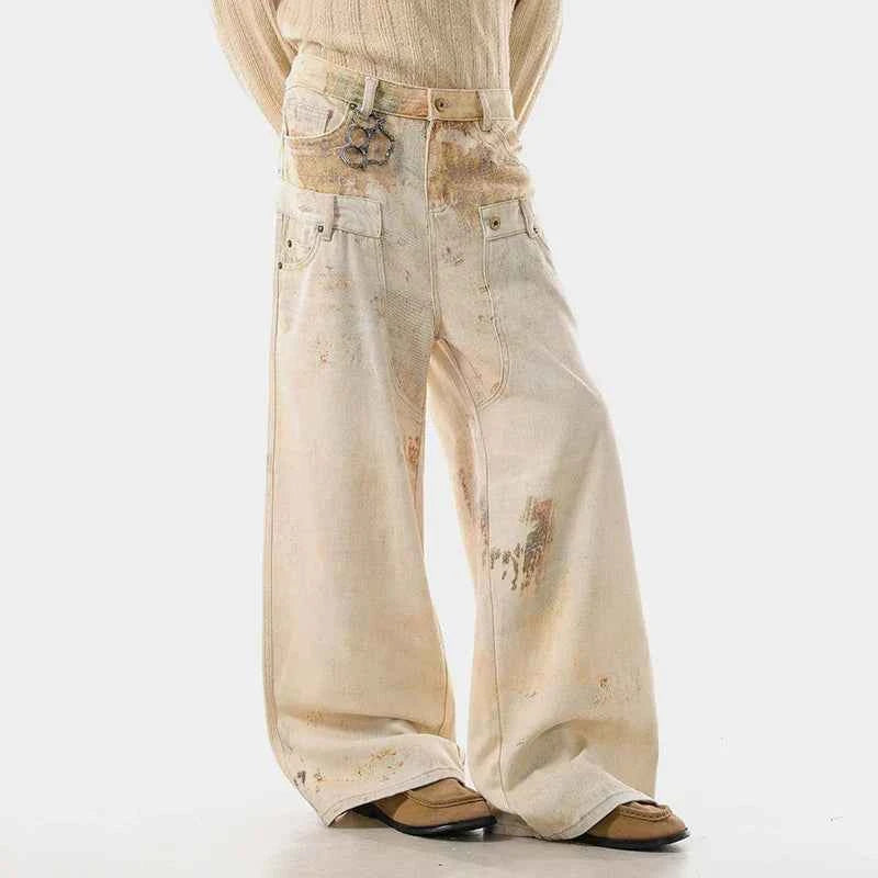 American Style Double Waistband Dirty Dying Jeans