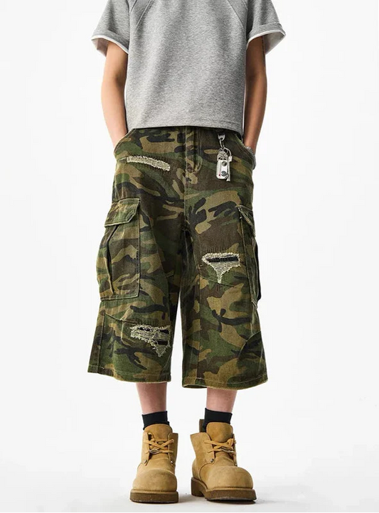 Durable Streetwear Camouflage Wide Leg Cargo Jorts - Luxuryurbanwear