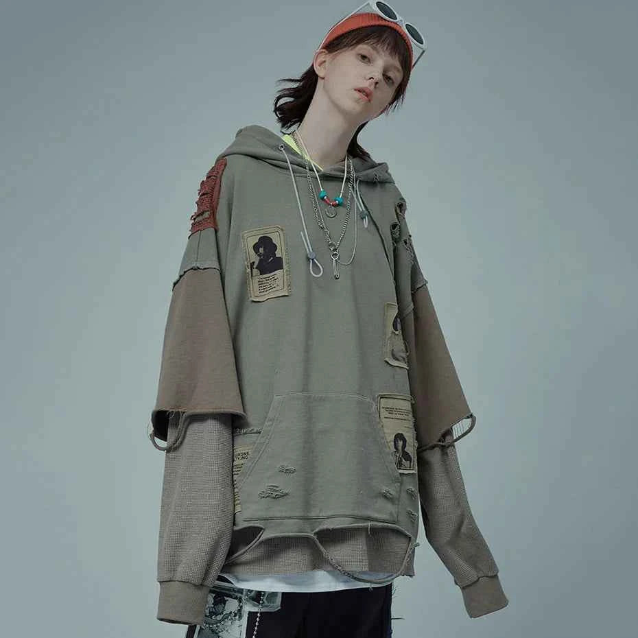 Broken Patchwork Oversized Hip Hop Hoodie