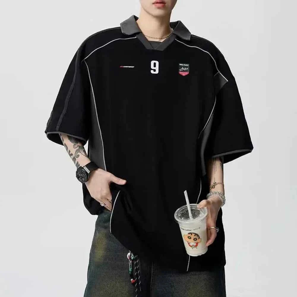 Letter Print Patchwork Retro Trend Polo T-Shirt