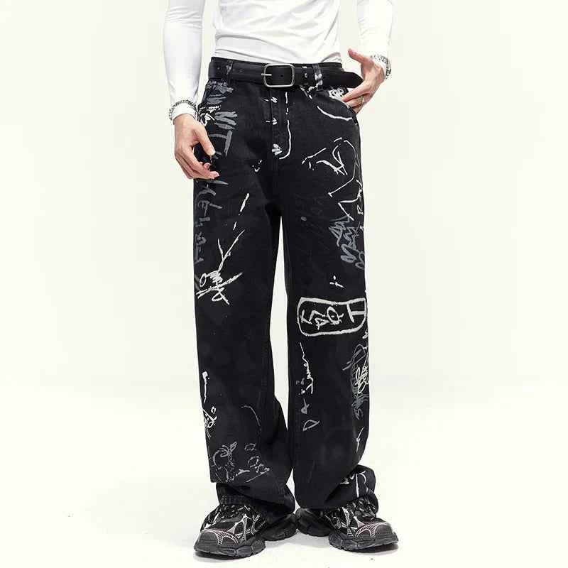 American Style Graffiti Print Loose Straight Jeans