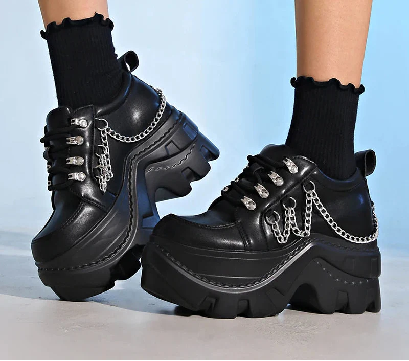 Chunky Gothic Black Chain Platform Sneakers - Luxuryurbanwear