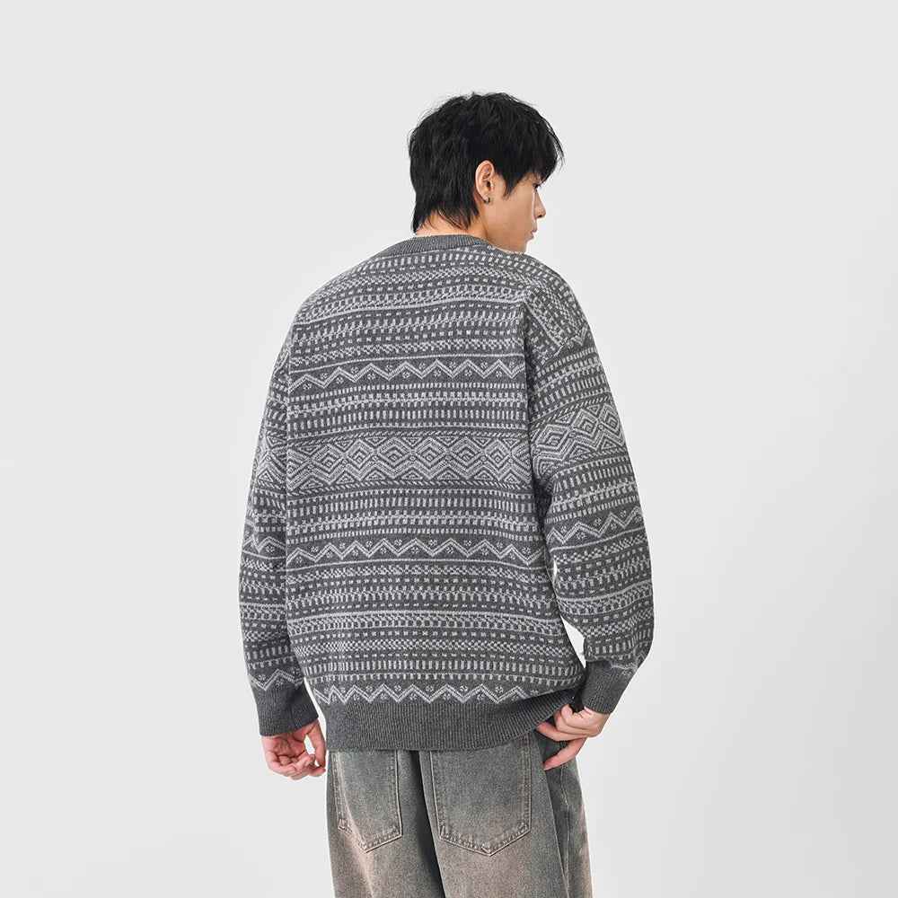 Y2K Plush Ethnic Knit Crew Neck Sweater