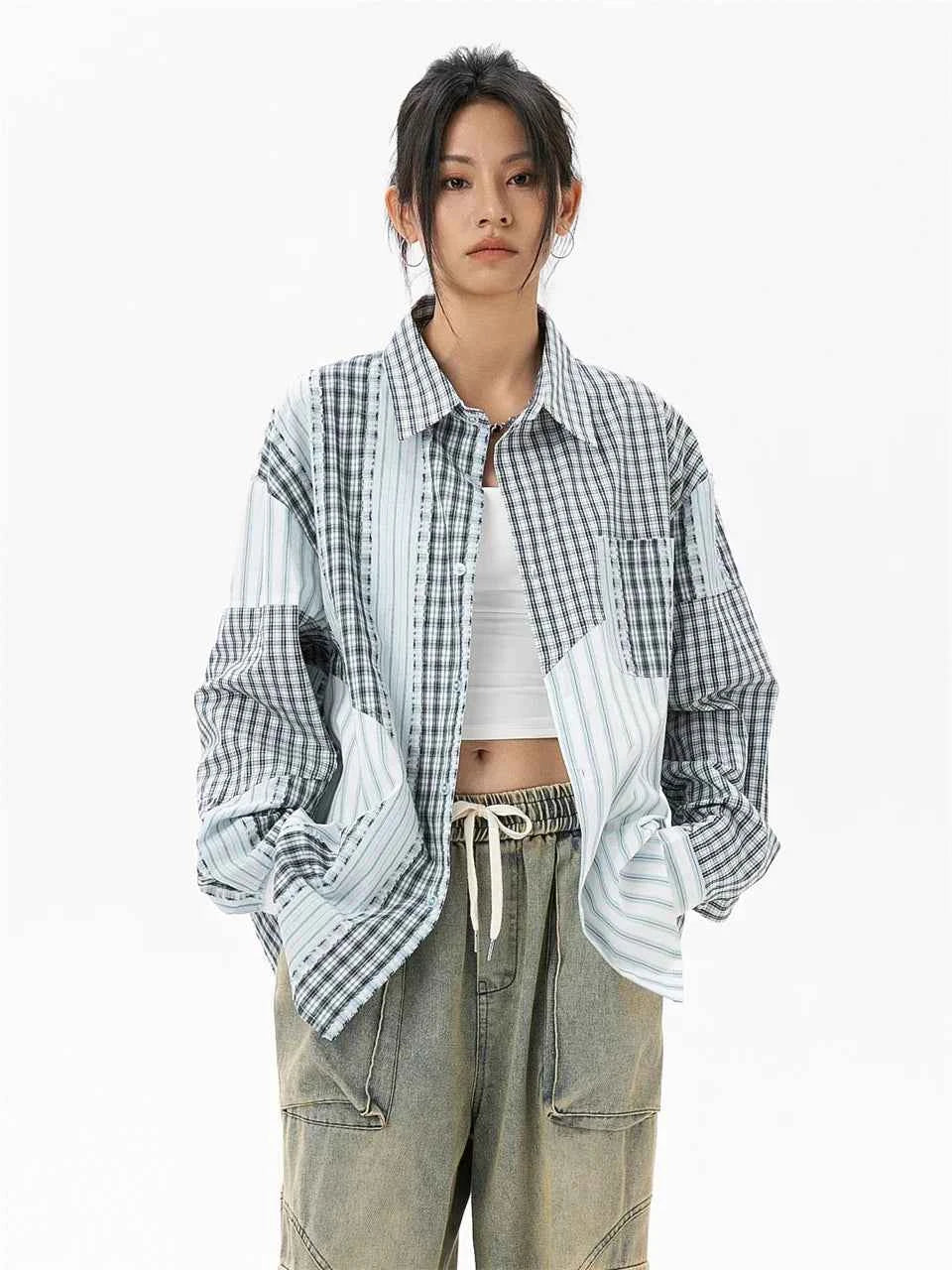 Women Plaid Patchwork Oversized Blouse Shirt