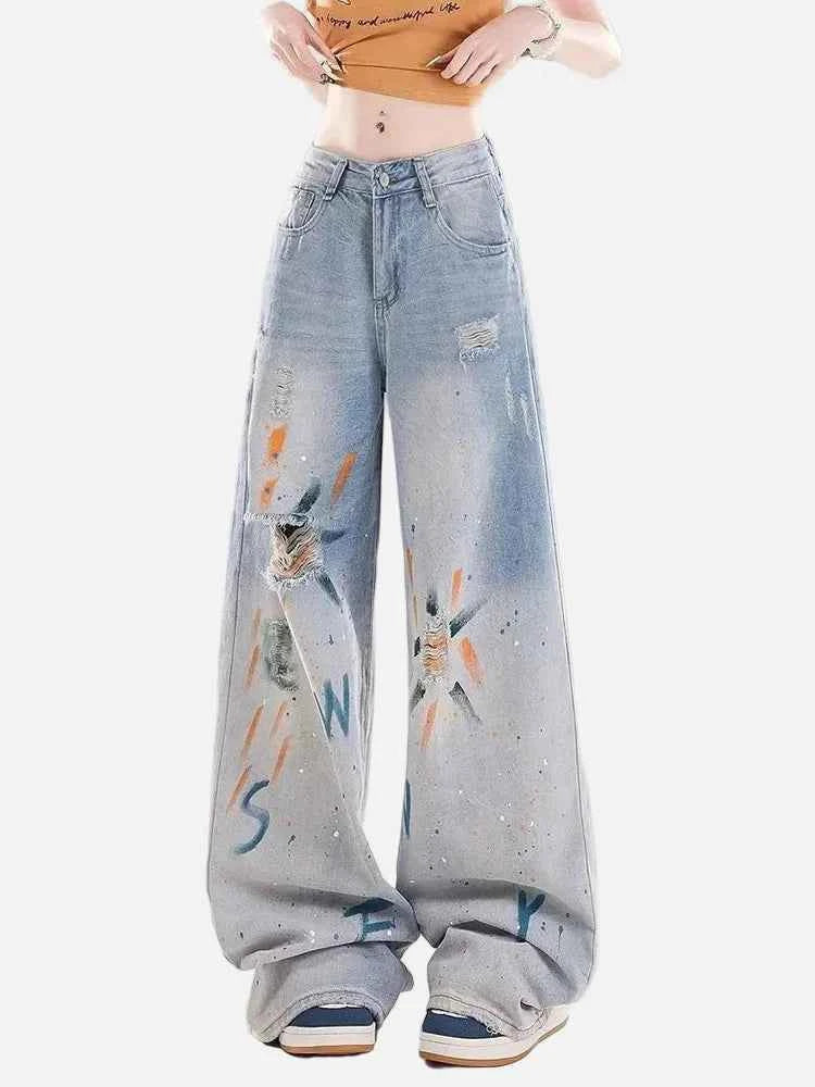 Streetwear Ripped High Waist Painted Wide Leg Jeans