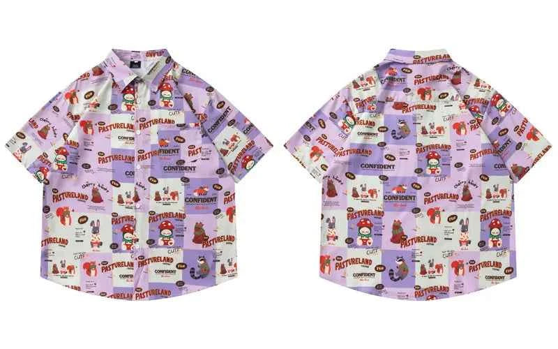 Vibrant Cartoon Graphic Button-Up Beach Shirt