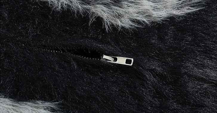 Black Jacquard Faux Fur Zipper Knit Cardigan