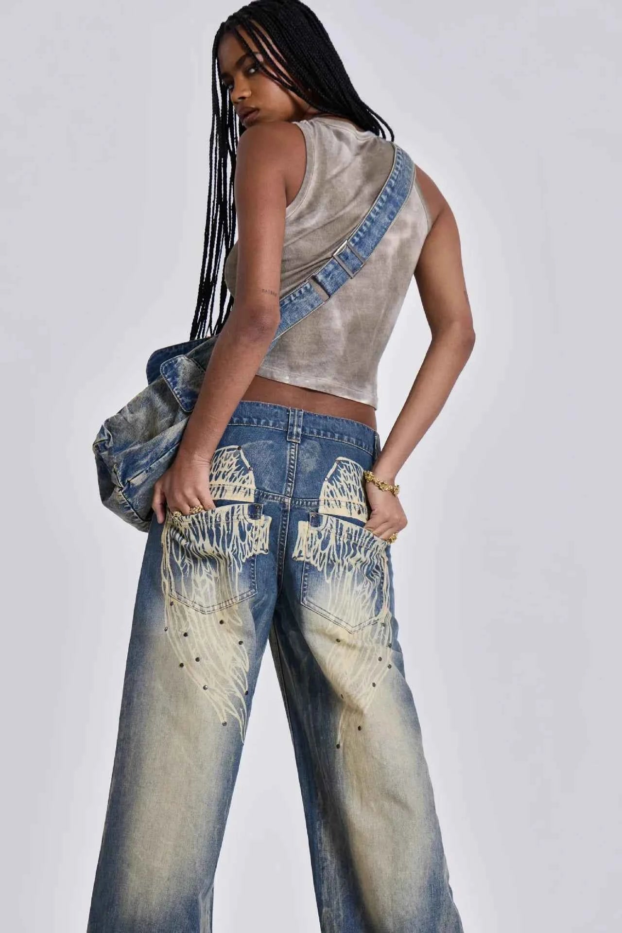 Vintage Wing Pattern Baggy Wide Leg Jeans