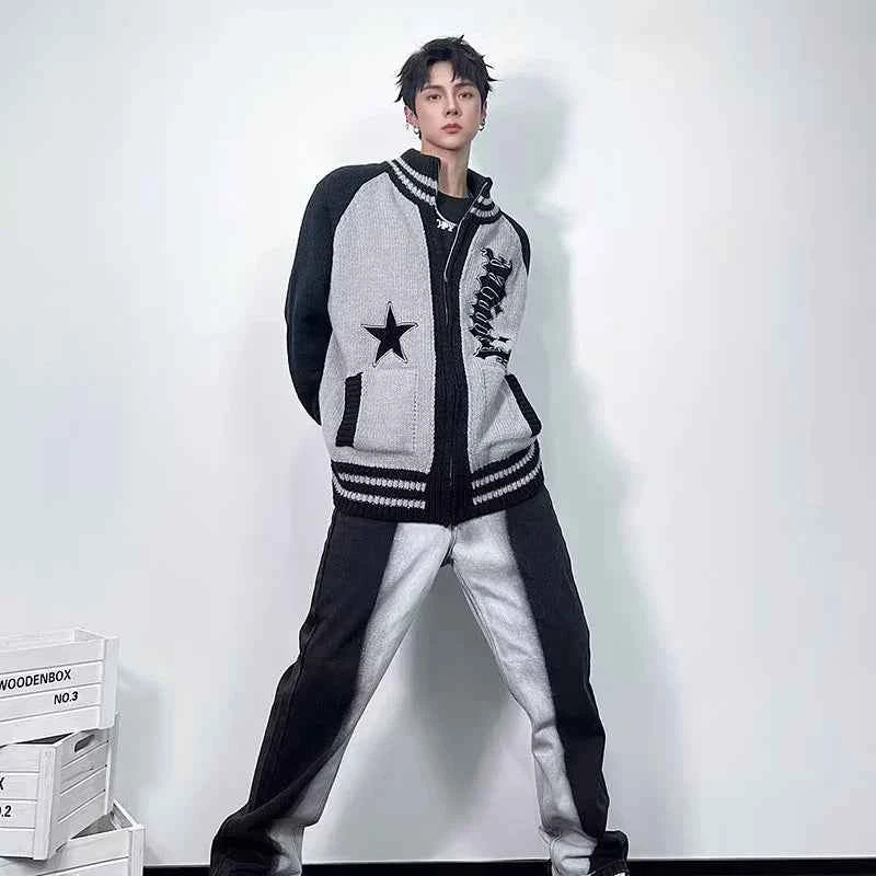 Gothic Letter Printed Star Pattern Knitted Cardigan