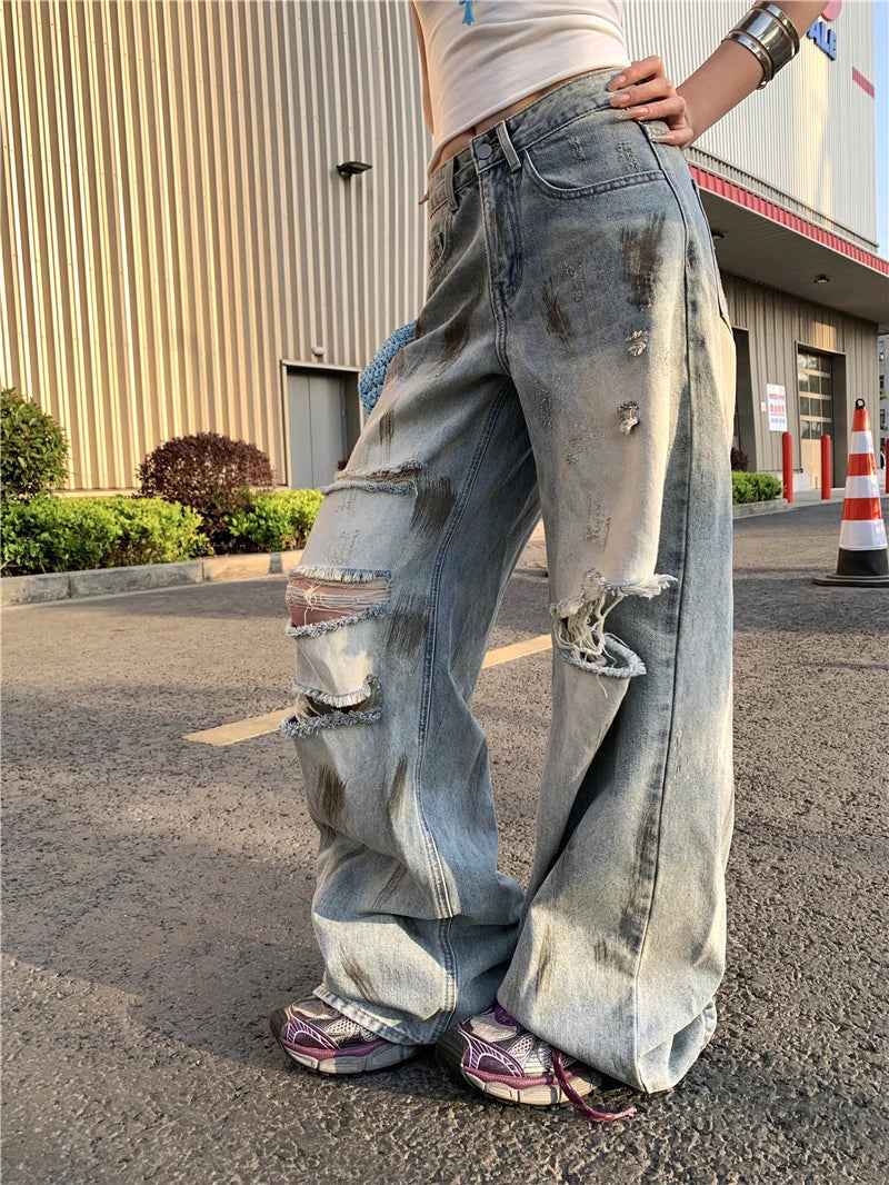 Retro Distressed American Style High Waisted Jeans